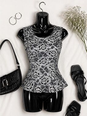 Black & White Floral Peplum Tank Top